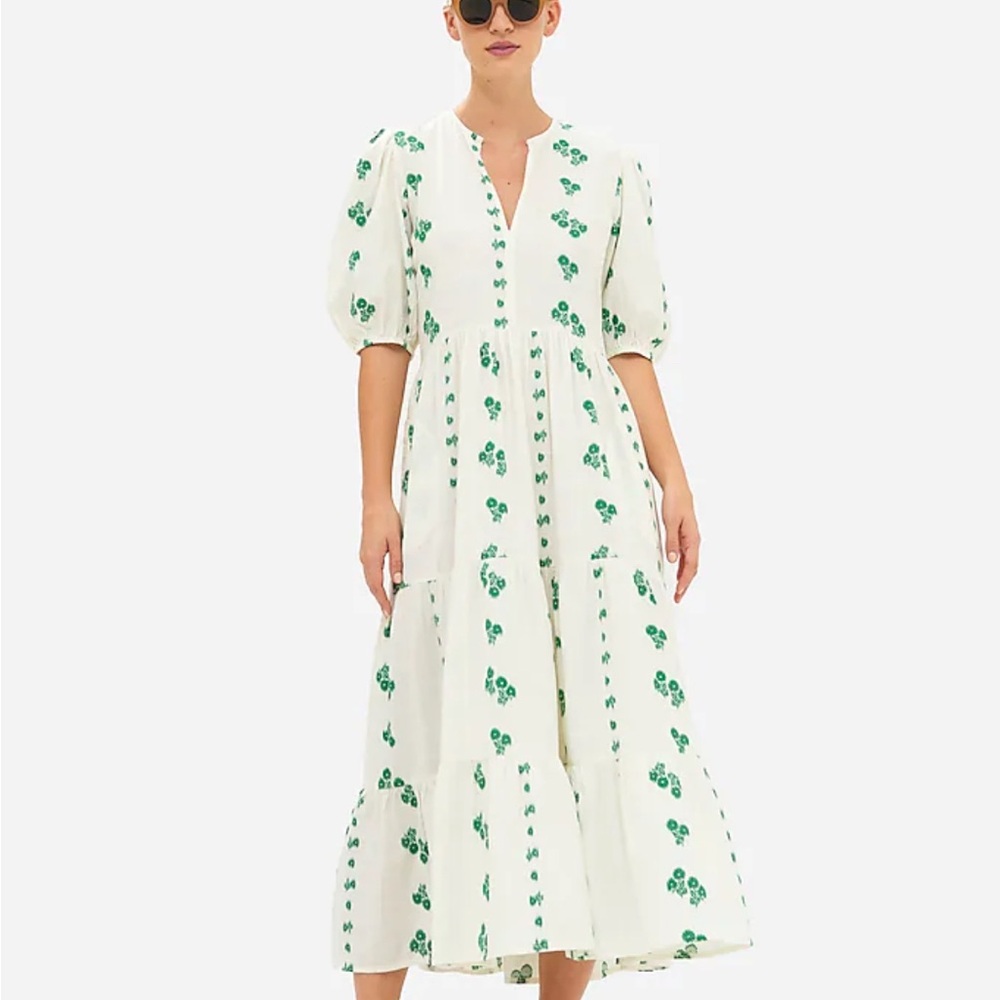 Oliphant Puff Sleeve Green/White Embroidered Maxi Dress, size S